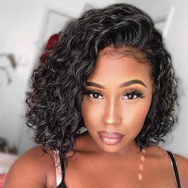 10" Natural Black Curly Bob Short Wig Glueless Lace Front Wig Deep Parting