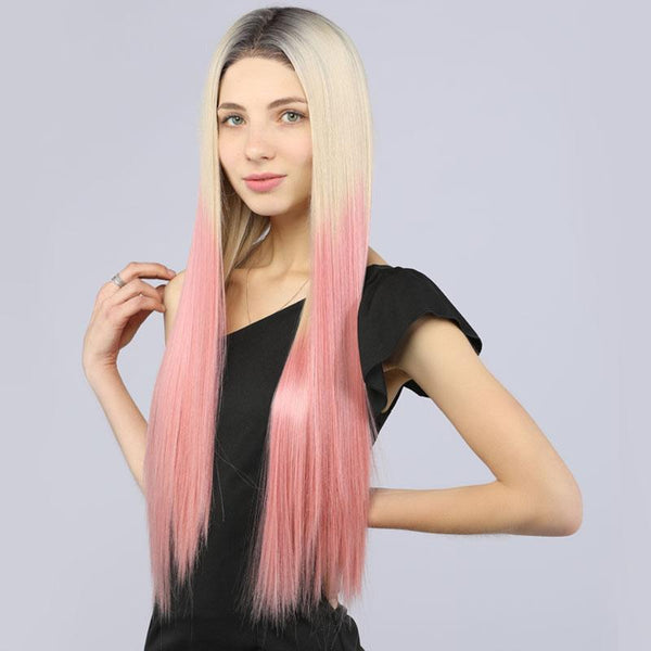 Fake Scalp Mildwild Synthetic Full Lace Wig Straight Hair Two Tone 2T613# Pink Color - petsarenotproducts