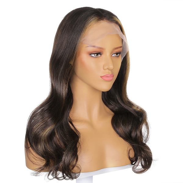 Petra |  20’’Brown Naturally Highlighted Daily Medium Long Body Wave Human Hair In Fake Scalp Design Wig