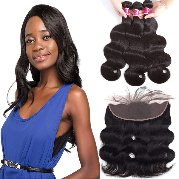 MILD WILD Brazilian Body Wave 3 Bundles With Lace Frontal (20 22 24+18) 100% Human Hair Bundles With 13x4 Ear To Ear Frontal Lace Closure With Baby Hair Unprocessed Human Hair Extensions Natural Black