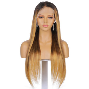 Hannah | 24’’Black Blonde Highlight Pre Plucked Ombre Color Fake Scalp Lace Human Hair Wig 180% Density