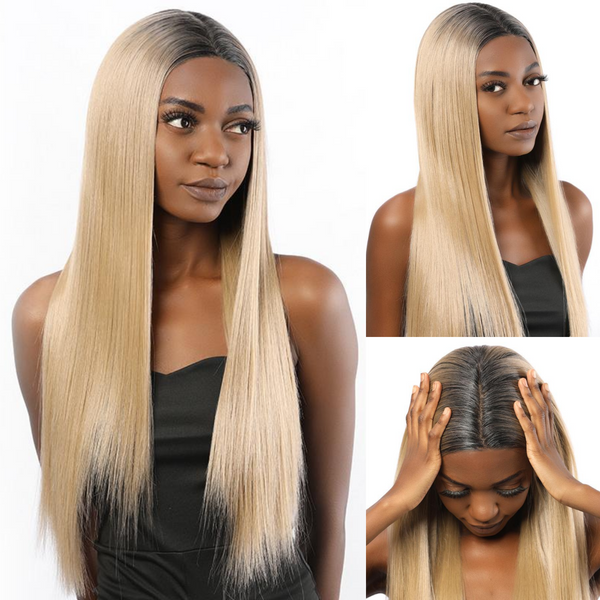 Synthetic Lace Front Wig Long Straight Two Tone Blonde Color 2T103#