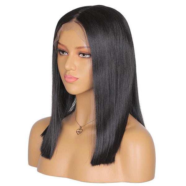 Fake Scalp Black Straight Bob Short Lace Front Wig 14 Inches