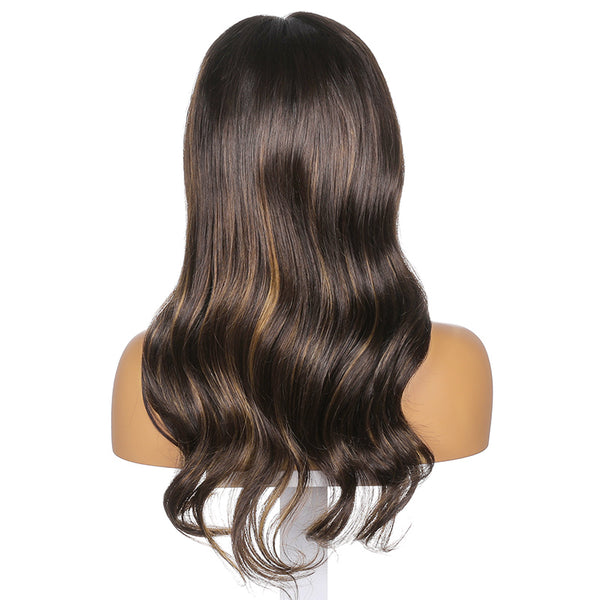 Petra |  20’’Brown Naturally Highlighted Daily Medium Long Body Wave Human Hair In Fake Scalp Design Wig