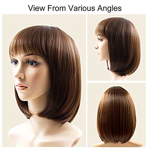 MILD WILD Halloween Short Bob Hair Wigs 13.3" Straight with Flat Bangs, Synthetic Wig for Women Cosplay Daily Party, Soft and Natural, Brown