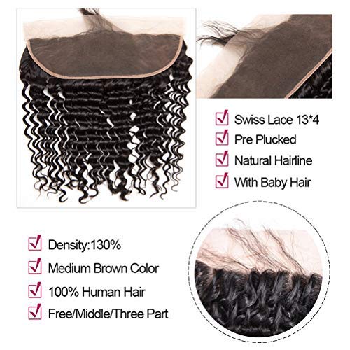 MILD WILD Brazilian Virgin Deep Wave Hair Bundles With Frontal 9A Grade 100% Unprocessed Deep Curly Human hair 3 Bundles With 13X4 Lace Frontal Closure Free Part (10 12 14+8frontal)