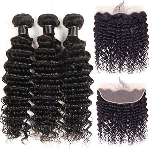 MILD WILD Brazilian Virgin Deep Wave Hair Bundles With Frontal 9A Grade 100% Unprocessed Deep Curly Human hair 3 Bundles With 13X4 Lace Frontal Closure Free Part (10 12 14+8frontal)