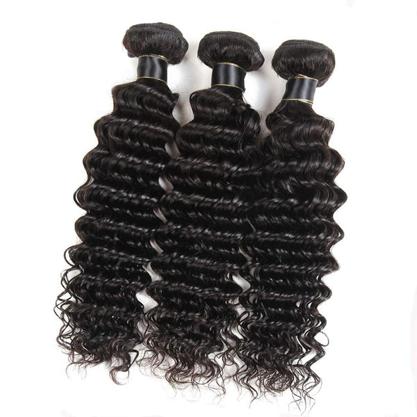 MILD WILD Brazilian Virgin Deep Wave Hair Bundles With Frontal 9A Grade 100% Unprocessed Deep Curly Human hair 3 Bundles With 13X4 Lace Frontal Closure Free Part (10 12 14+8frontal)