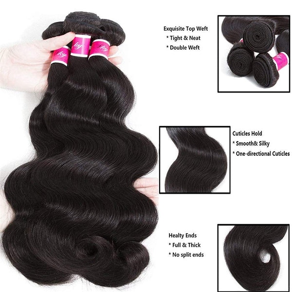 MILD WILD Brazilian Body Wave 3 Bundles With Lace Frontal (20 22 24+18) 100% Human Hair Bundles With 13x4 Ear To Ear Frontal Lace Closure With Baby Hair Unprocessed Human Hair Extensions Natural Black