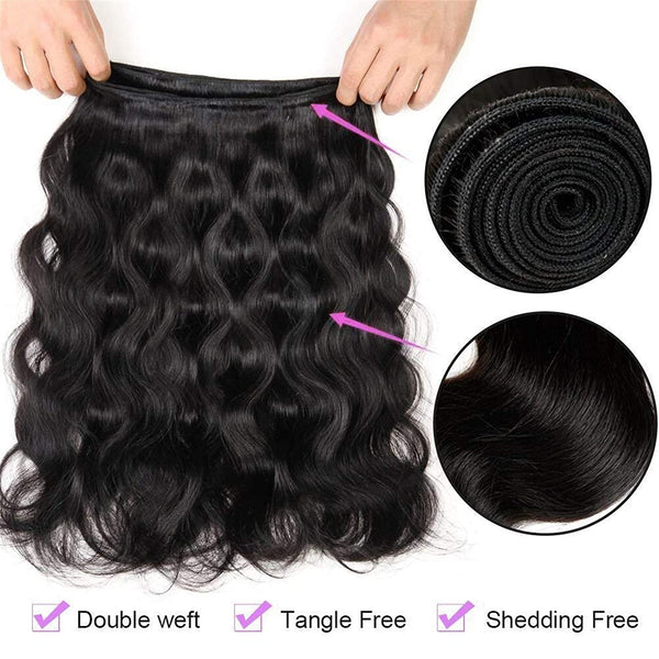 MILD WILD Brazilian Body Wave 3 Bundles With Lace Frontal (20 22 24+18) 100% Human Hair Bundles With 13x4 Ear To Ear Frontal Lace Closure With Baby Hair Unprocessed Human Hair Extensions Natural Black