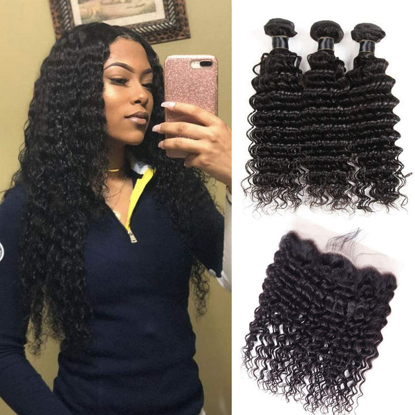 MILD WILD Brazilian Virgin Deep Wave Hair Bundles With Frontal 9A Grade 100% Unprocessed Deep Curly Human hair 3 Bundles With 13X4 Lace Frontal Closure Free Part (10 12 14+8frontal)