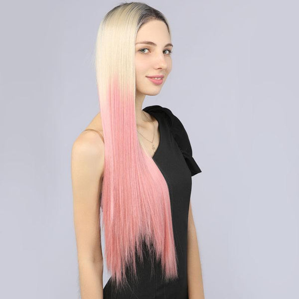 Fake Scalp Mildwild Synthetic Full Lace Wig Straight Hair Two Tone 2T613# Pink Color - MILDWILD