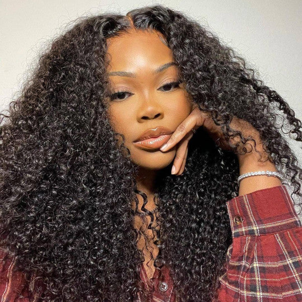 Morgan / Temperament Long Black Curly Human Hair Frongt Lace Wig