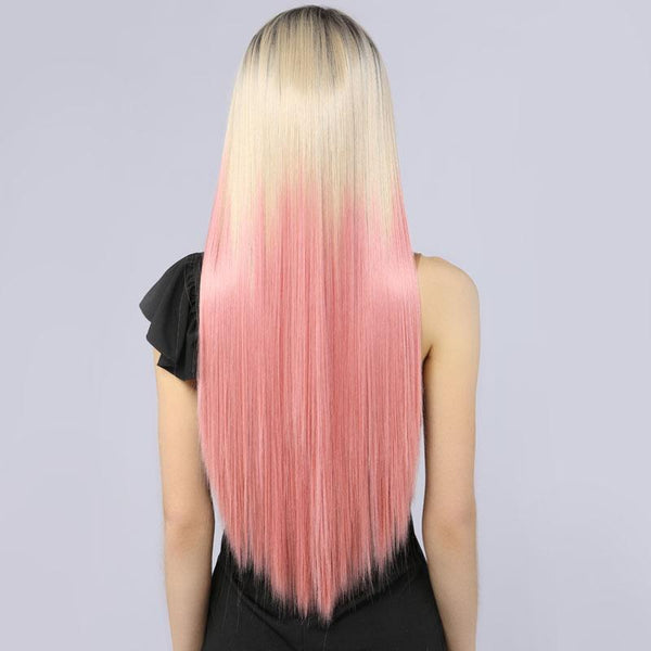 Fake Scalp Mildwild Synthetic Full Lace Wig Straight Hair Two Tone 2T613# Pink Color - MILDWILD