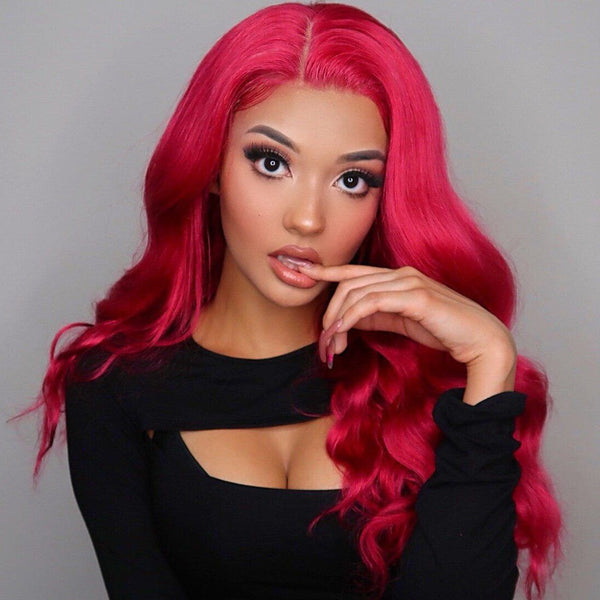 Synthetic Lace Front Wigs Long Wavy Layers Fake Scalp Red color 22"